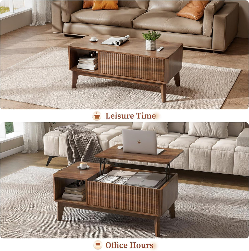 Fluted Lift Top Coffee Table with Storage, Modern Coffee Table（Walnut）