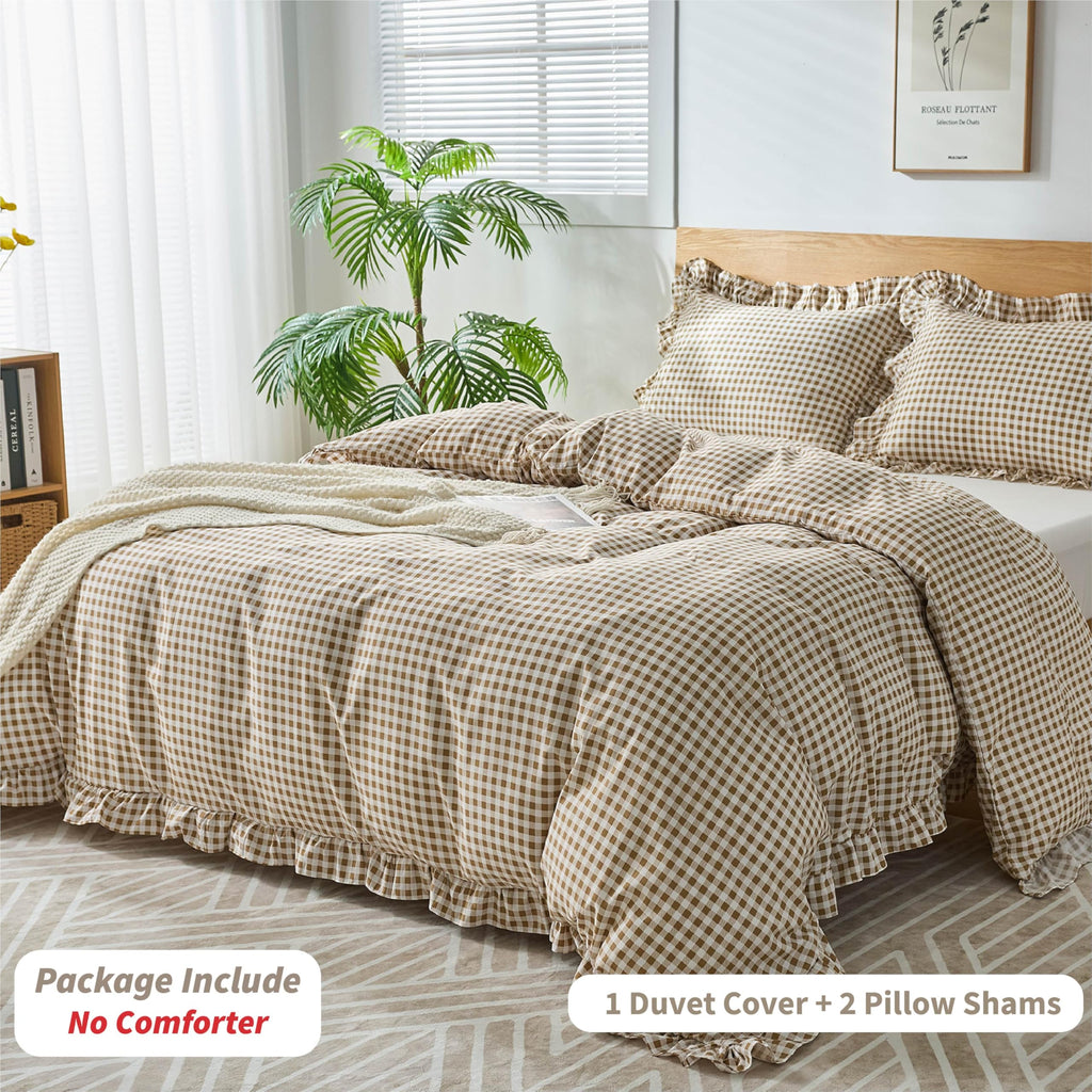 Gingham Duvet Cover, 3 Pieces Soft Breathable Microfiber Plaid Duvet Cover with Zipper Closure & 2 Pillow