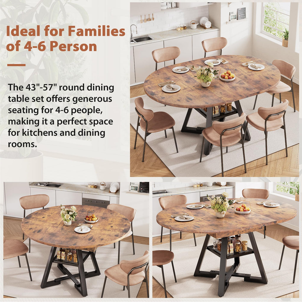 43''-57'' Extendable Round Dining Table for 4-6, Modern Industrial Kitchen Oval Dining Table with Removable Leaves