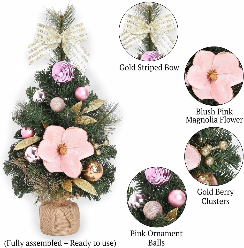 24" Pink Small Christmas Tree Mini Tabletop with Lights