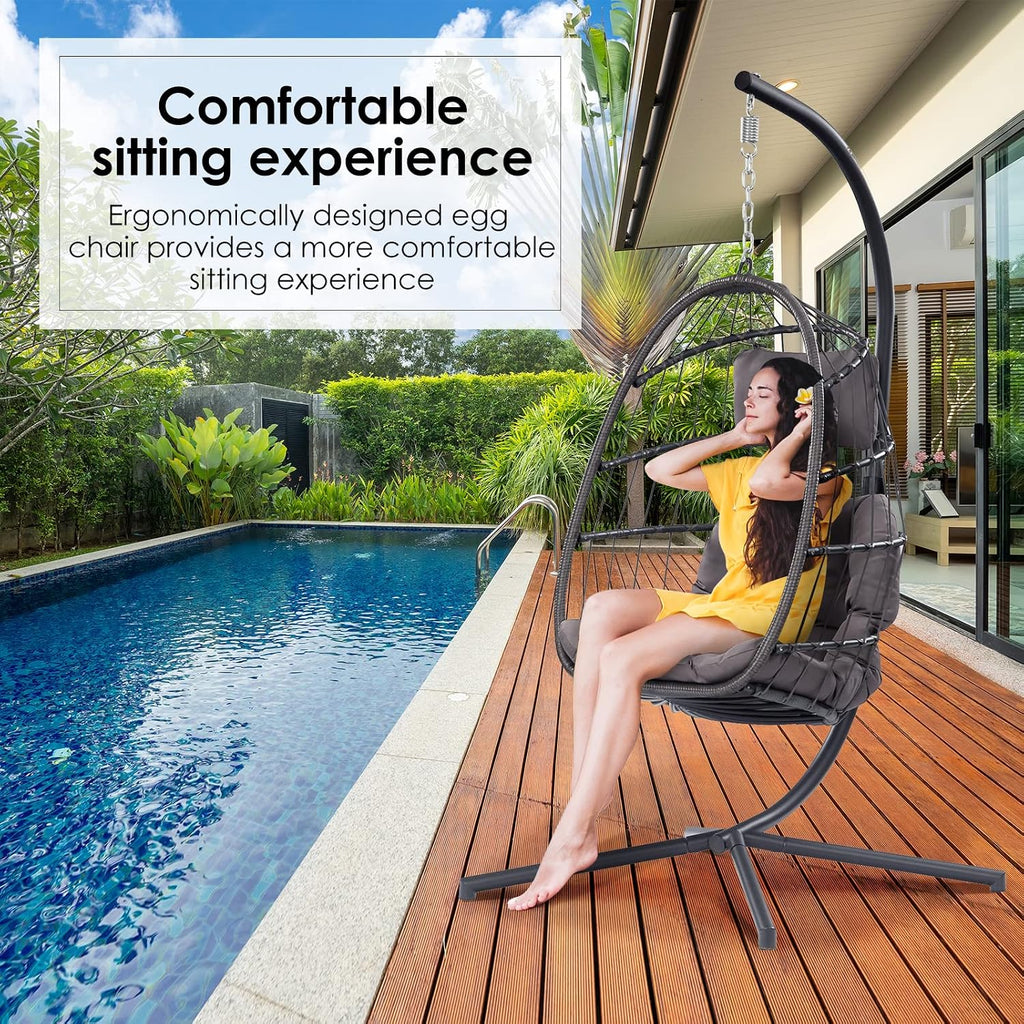 Egg Chair with Stand - Patio Rattan Wicker Hanging Hammock Chair for Indoor Outdoor Bedroom Garden - Aluminum Steel