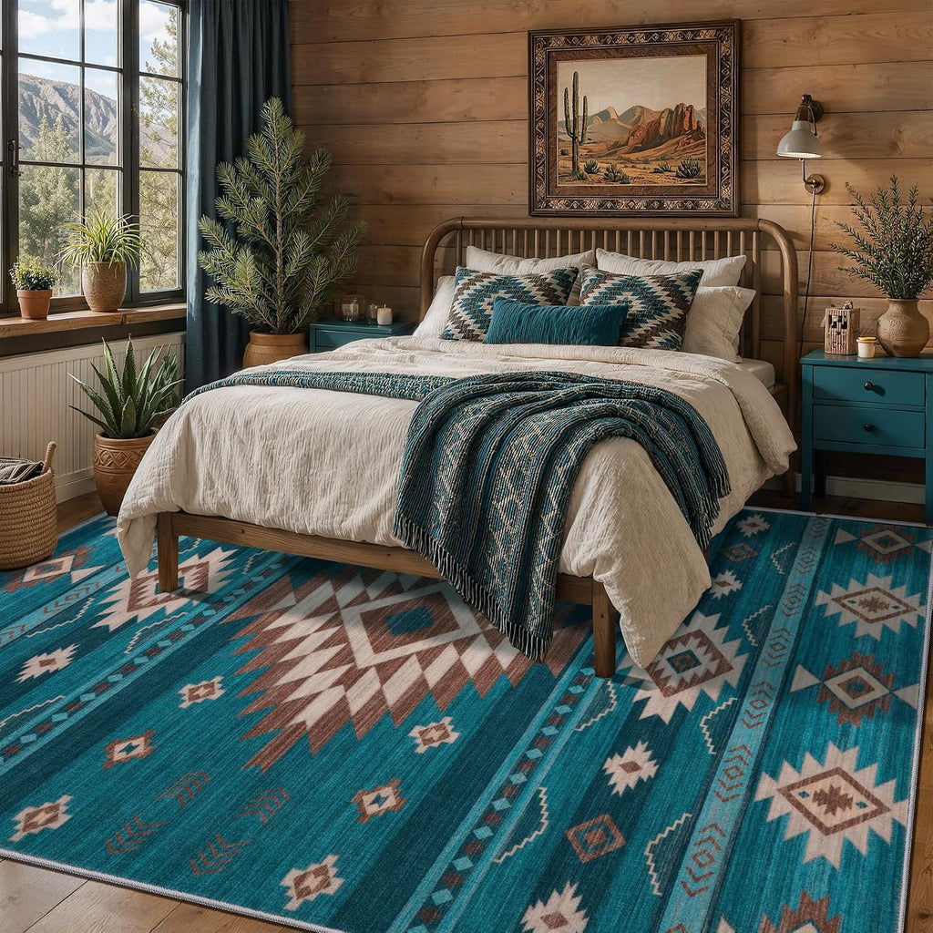 Southwest Teal Rugs, Large Machine Washable Soft Non-Slip Aztec Rug, Low-Pile Non-Shedding Foldable Dining Floor
