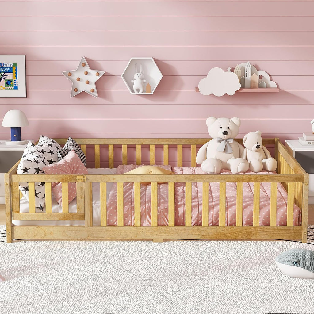 Floor Bed Frame with Fence and Door for Kids, Montessori Floor Bed with Slats and Safety Guardrails, Solid