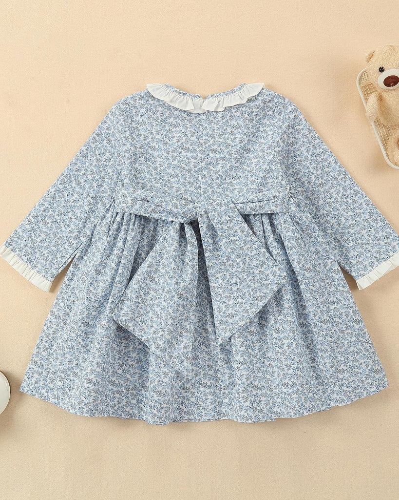 Kids Baby Girls Casual Floral Print Dress | Toddler Smocking Long Sleeve Dresses with Ruffle Collar for Holiday