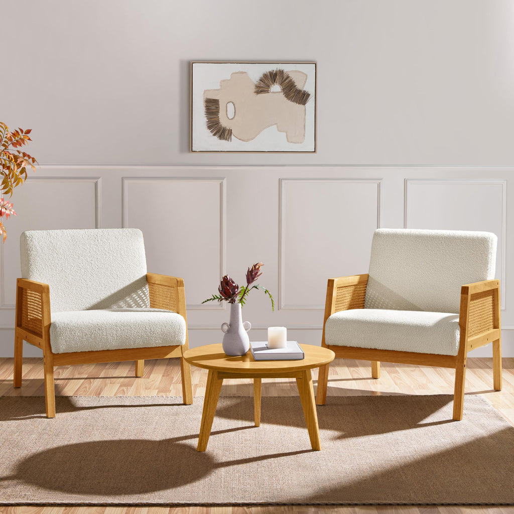 Rattan Accent Chairs Set of 2, Boho Vintage Armchairs, Ivory