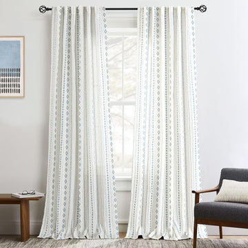 Natural Linen Boho Curtains Light Filtering Blue Stripe Geometric Pattern Semi Sheer Curtains 120 inch Long Western