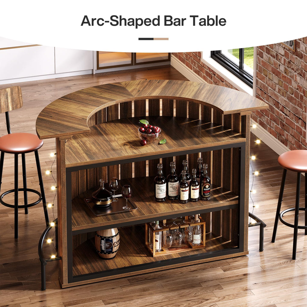 4-Tier Bar Table, 47.24" Mini Home Bar Table with Footrest, Arc-Shaped Modern Bar Cabinet, Rustic Brown