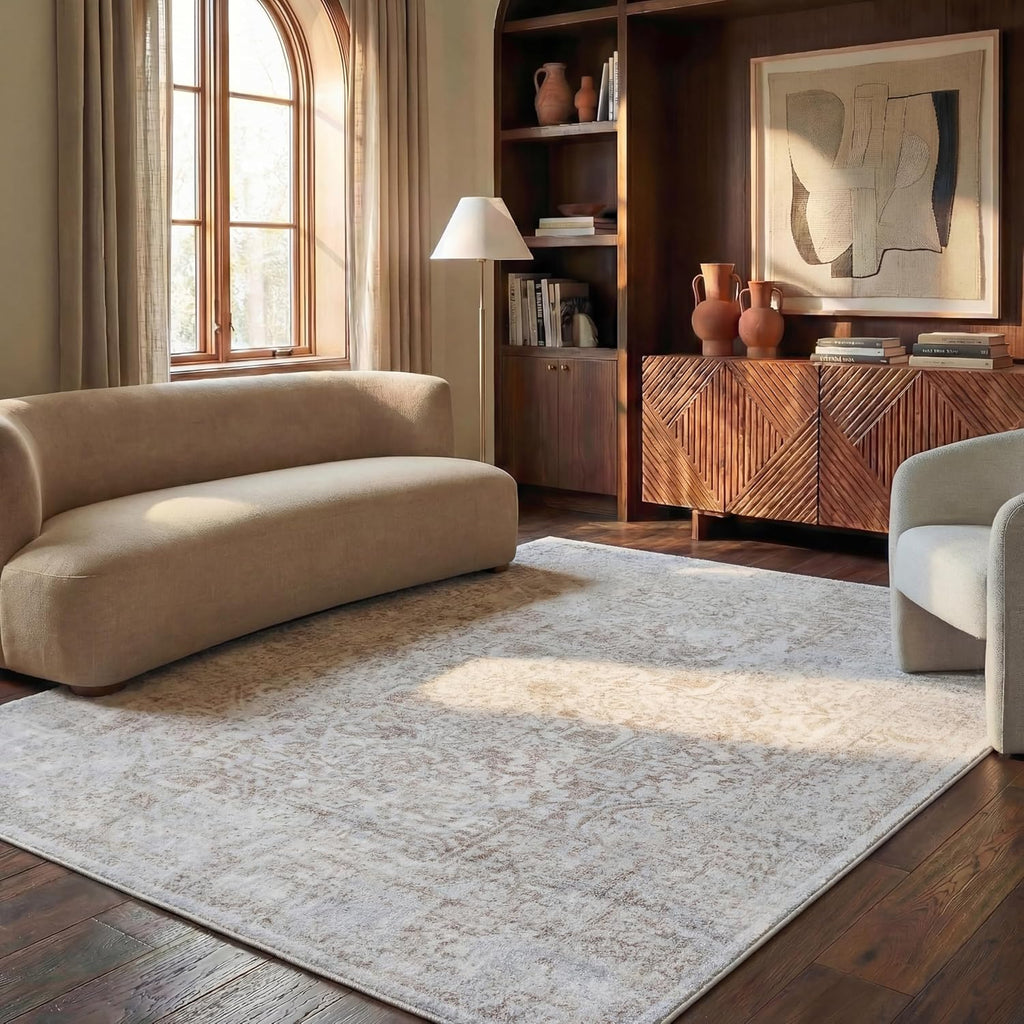 Area Rug 10x14 - Evoke - Large - Ivory & Taupe, Distressed Design, Non-Shedding & Easy to Clean