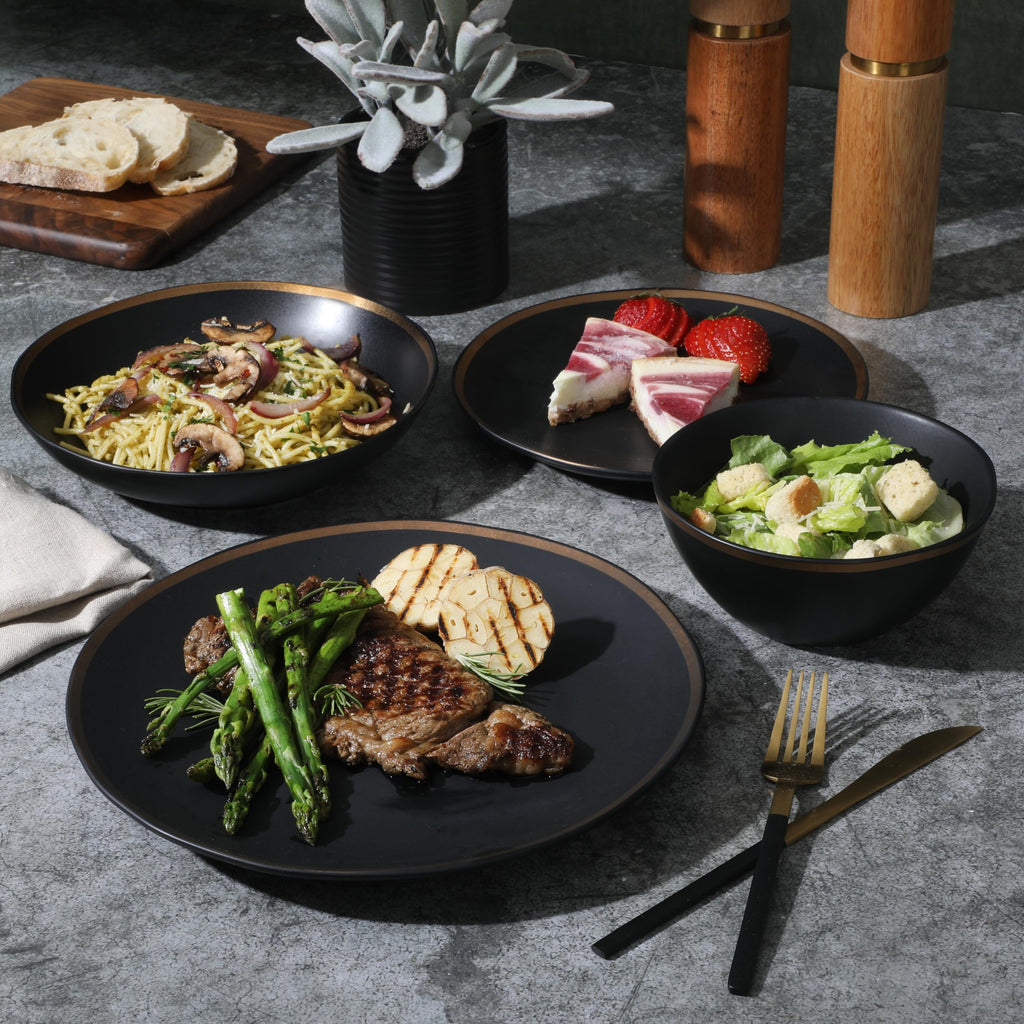 Kings Road Double Plates and Bowl Organic Round Porcelain Dinnerware Set - Matte Black w/Gold Rim