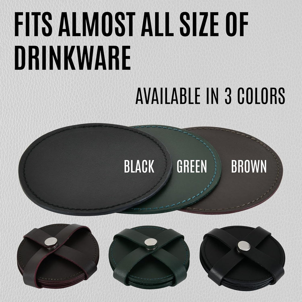 Genuine Leather, Premium Table Coasters by , Round, 4 inch, with Holster, Handcrafted, Hand Made, Non Slip - Set of 6