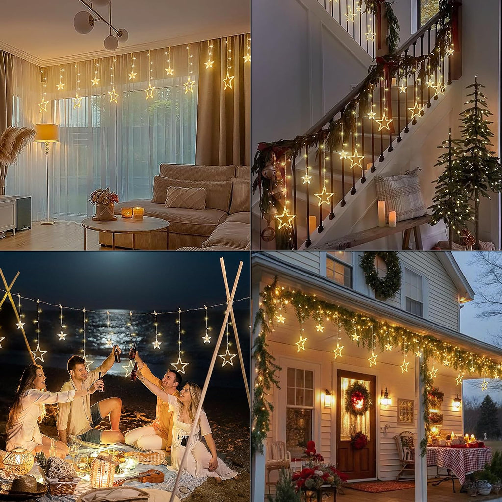 8.2FT 126L Warm White Christmas Star Icicle Curtain Lights Indoor