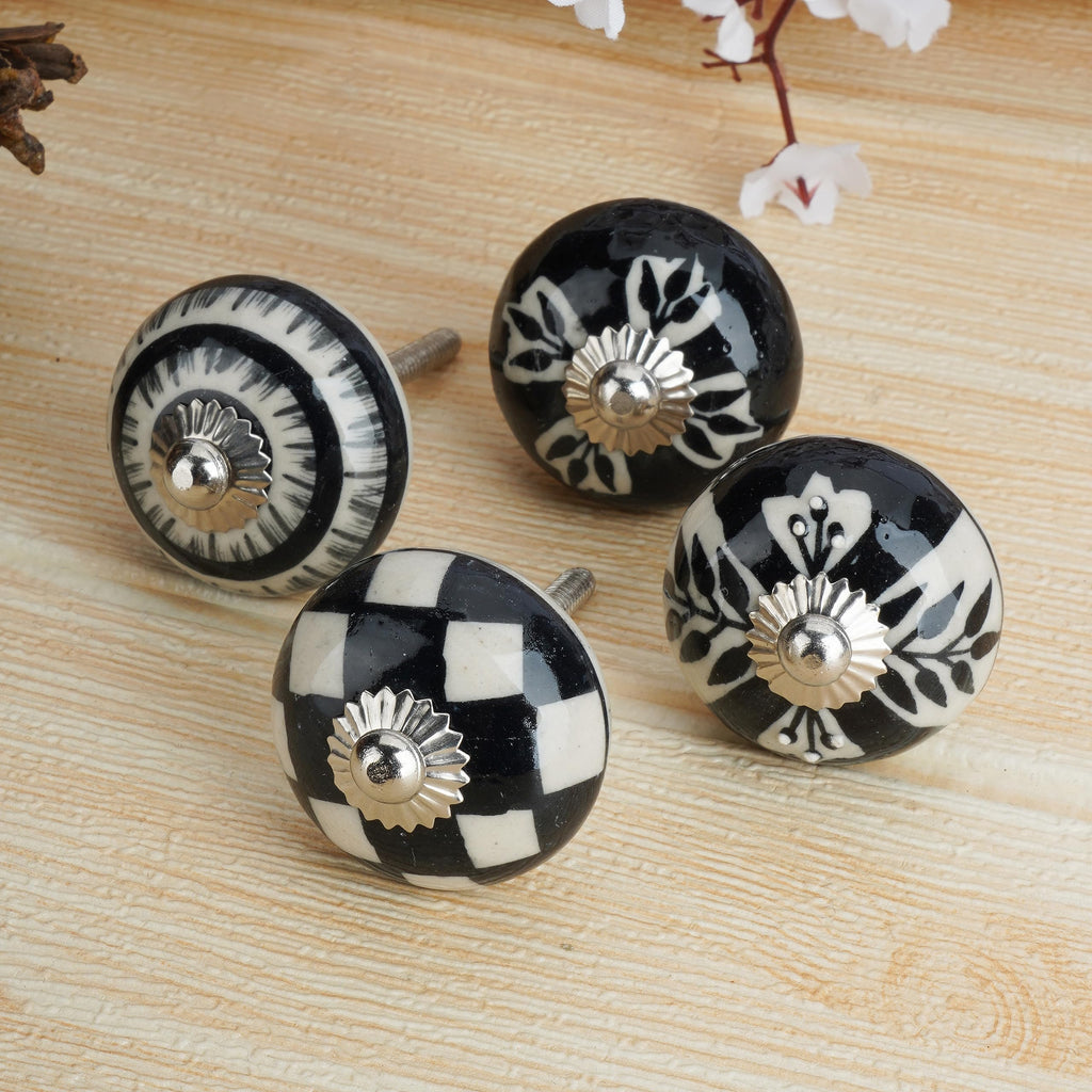 Ceramic Cabinet Knobs Set 12 Black White Hand Painted Floral Handles
