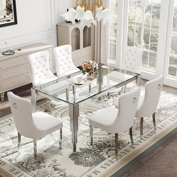 7 Piece Glass Dining Table Set for 6, 65" Rectangle Kitchen Table with 6 Beige Velvet Upholstered Chairs, Tempered