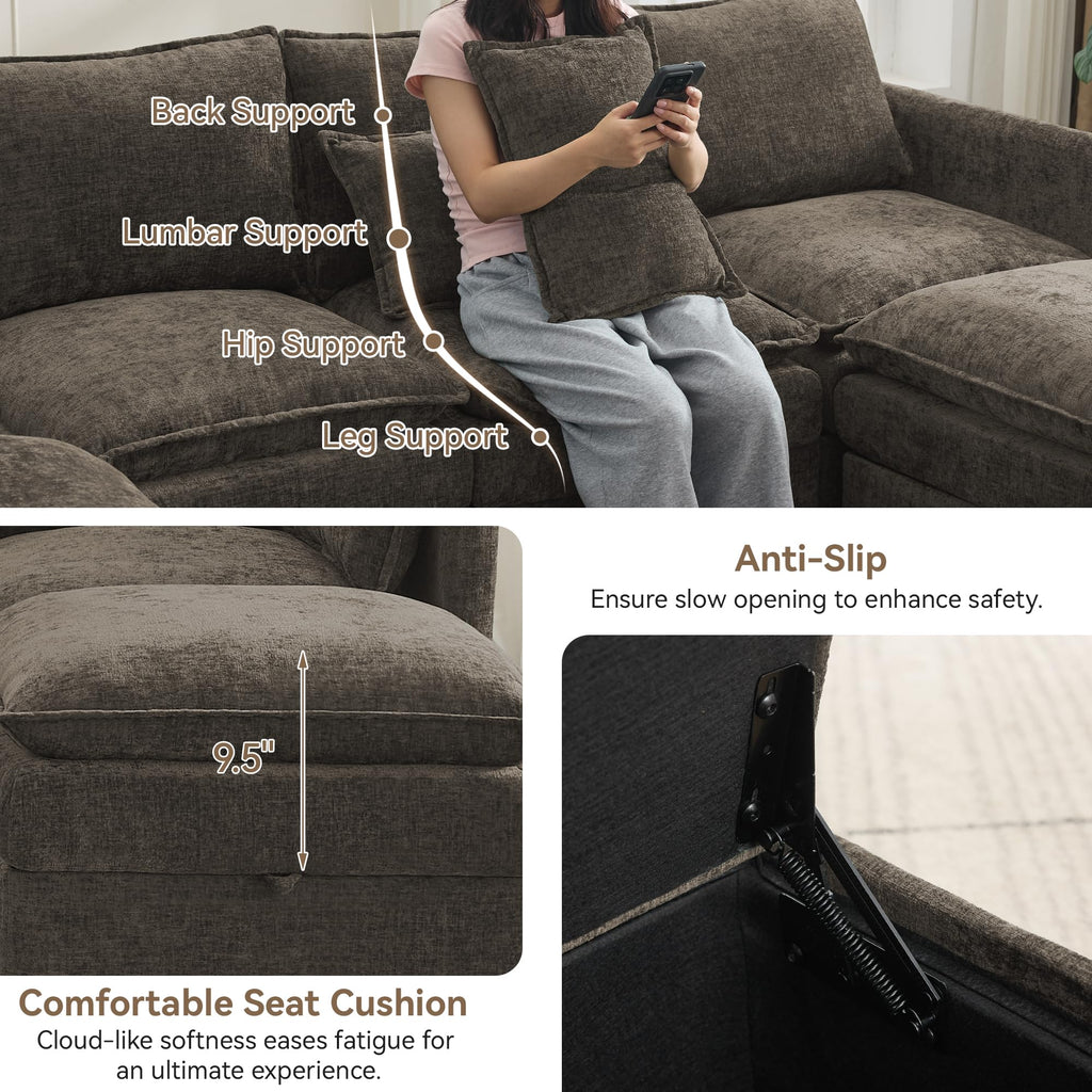 80" Cloud Modular 3 Seater Sofa with 2 Storage Ottoman, Modern Upholstered Storage Sofa Couch Deep Seat, U Shape