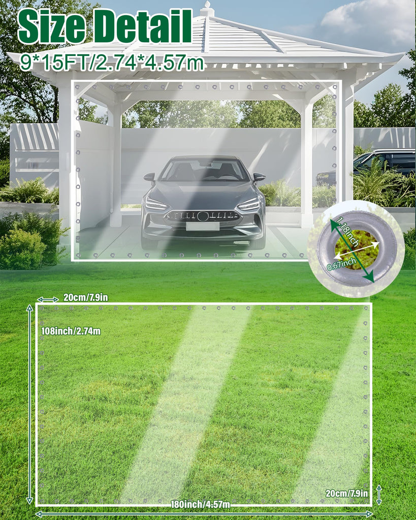 9'H x15'W Outdoor Vinyl Curtain 19oz Thicked Clear Tarps, Vinyl Patio Enclosure, Clear Outdoor Curtains Heavy Duty