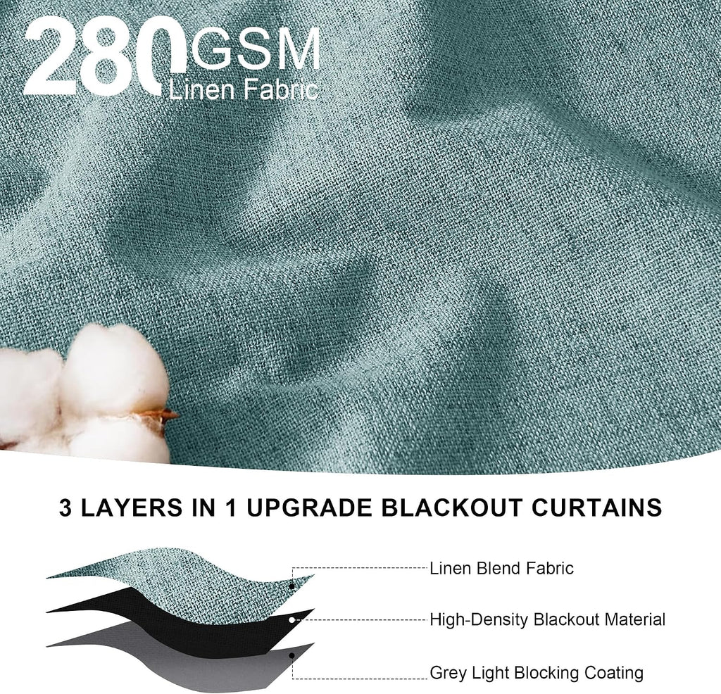 Linen 100% Blackout Curtains 96 inches Long for Bedroom Living Room Darkening Full Black Out Rod Pocket Back Tab