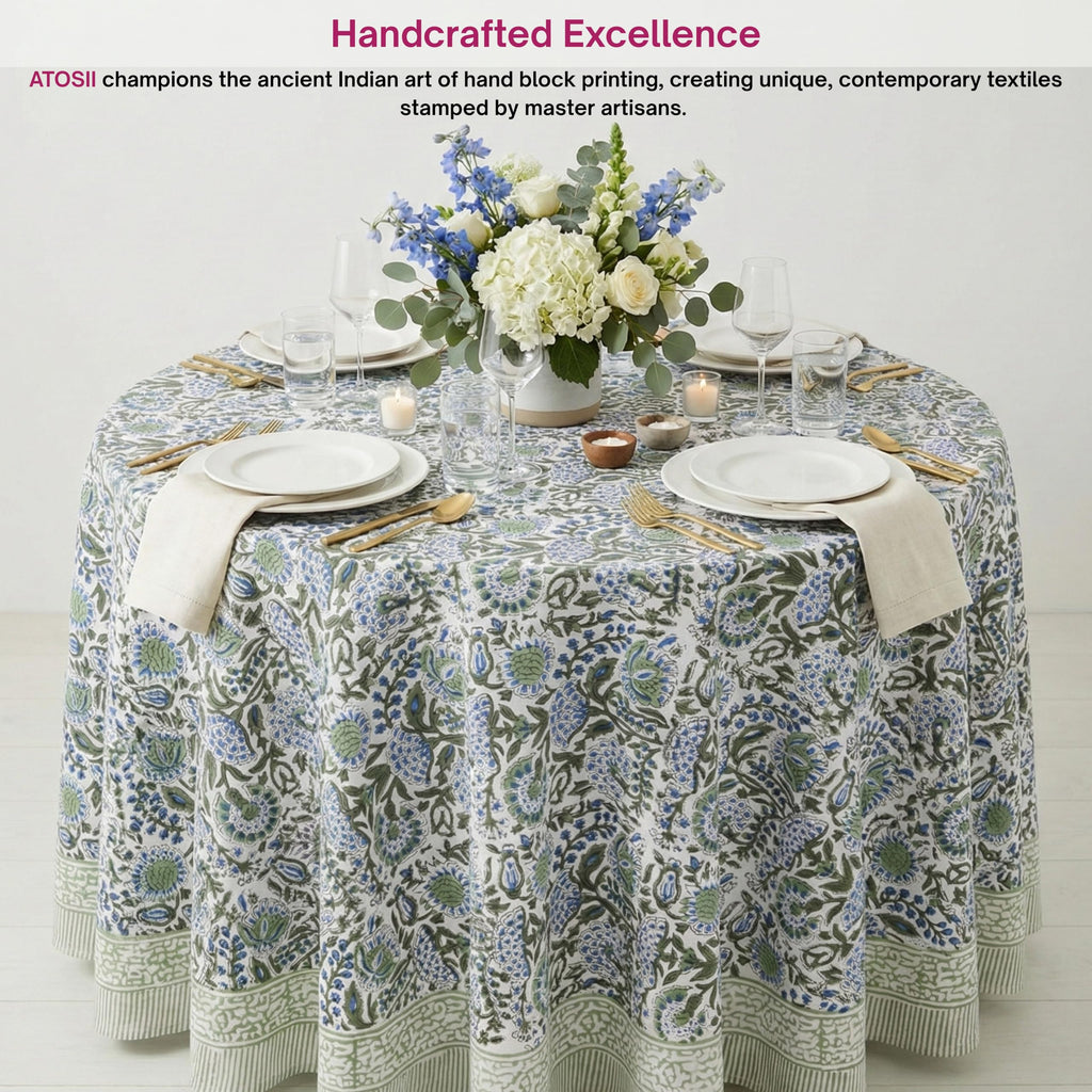 Cotton Blockprint Round Tablecloth, Clover Blue, 72 Inches