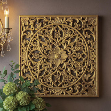 Boho Carved Wood Wall Art Panel, Floral Mandala, Distressed Gold