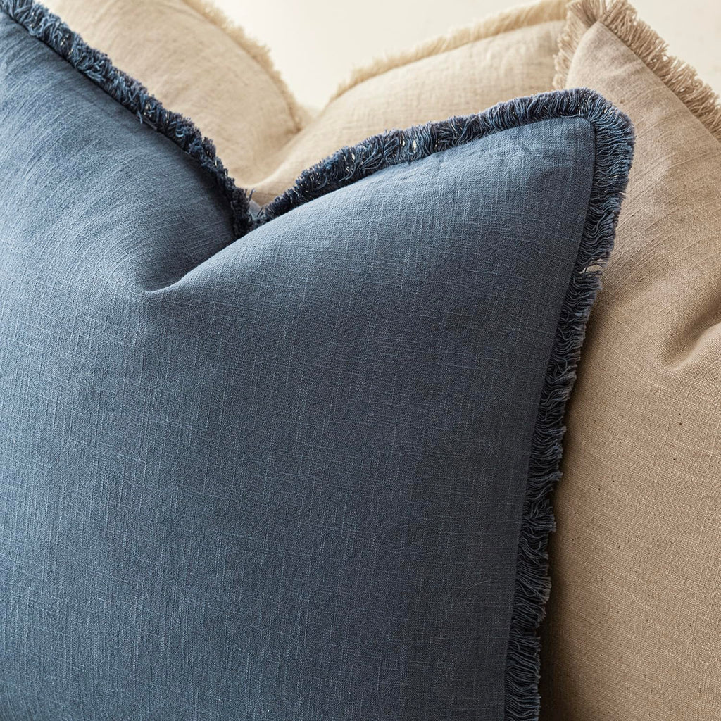 Decorative Linen Fringe Throw Pillow Covers 22×22 Inch, Dark Blue