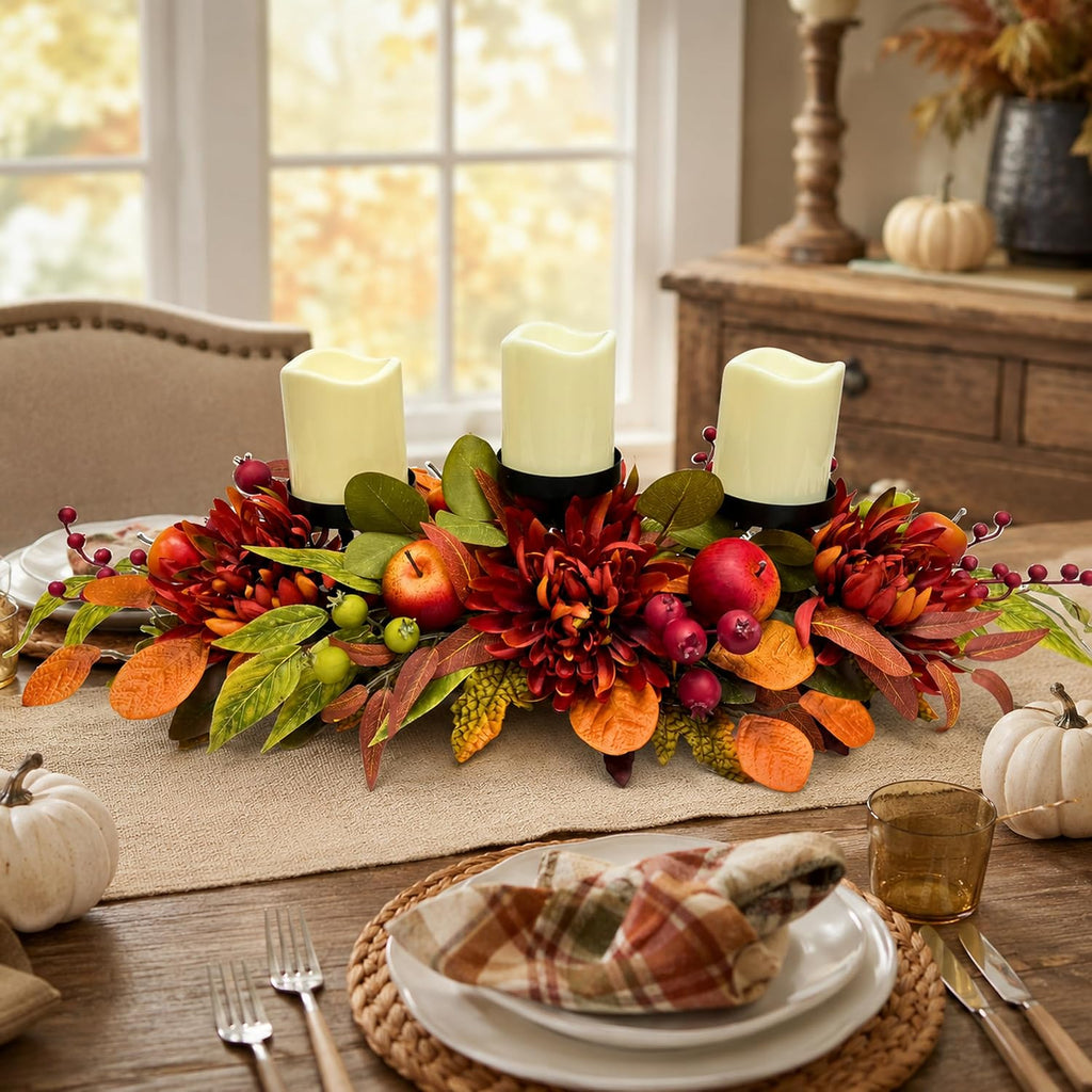 Inch Fall 3 Candle Holder with Faux Apples, Mums and Berries - Set of 3