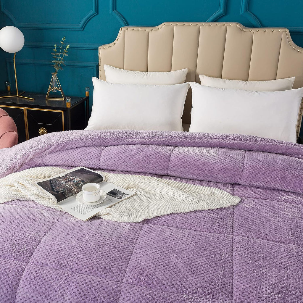 Super Ultra Soft Luxury Plush Sherpa Comforter, Cozy Reversible Faux Fur Machine Washable Bedding, Purple, Queen Size