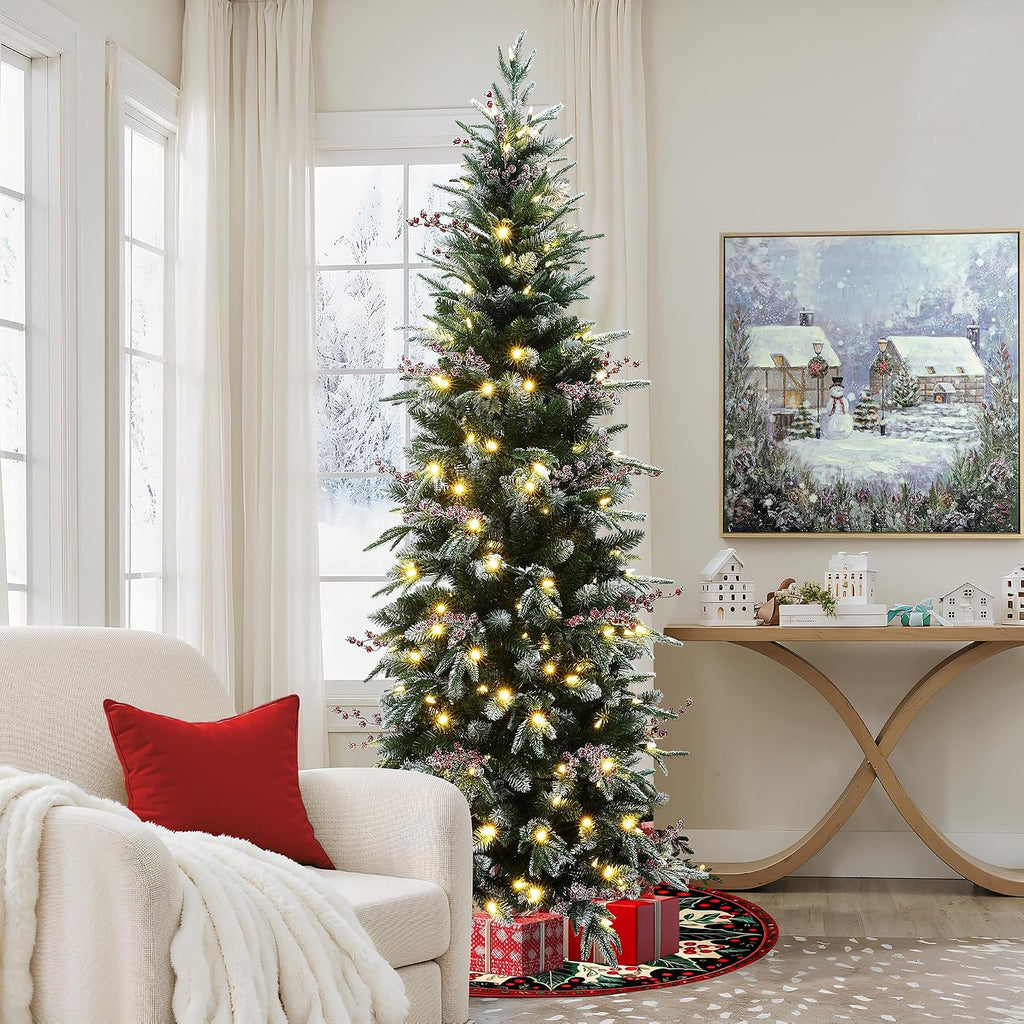 LuxenHome 6.5FT Slim Christmas Tree, Prelit Skinny Artificial Christmas Tree with 190 LED Lights, Realistic Pencil