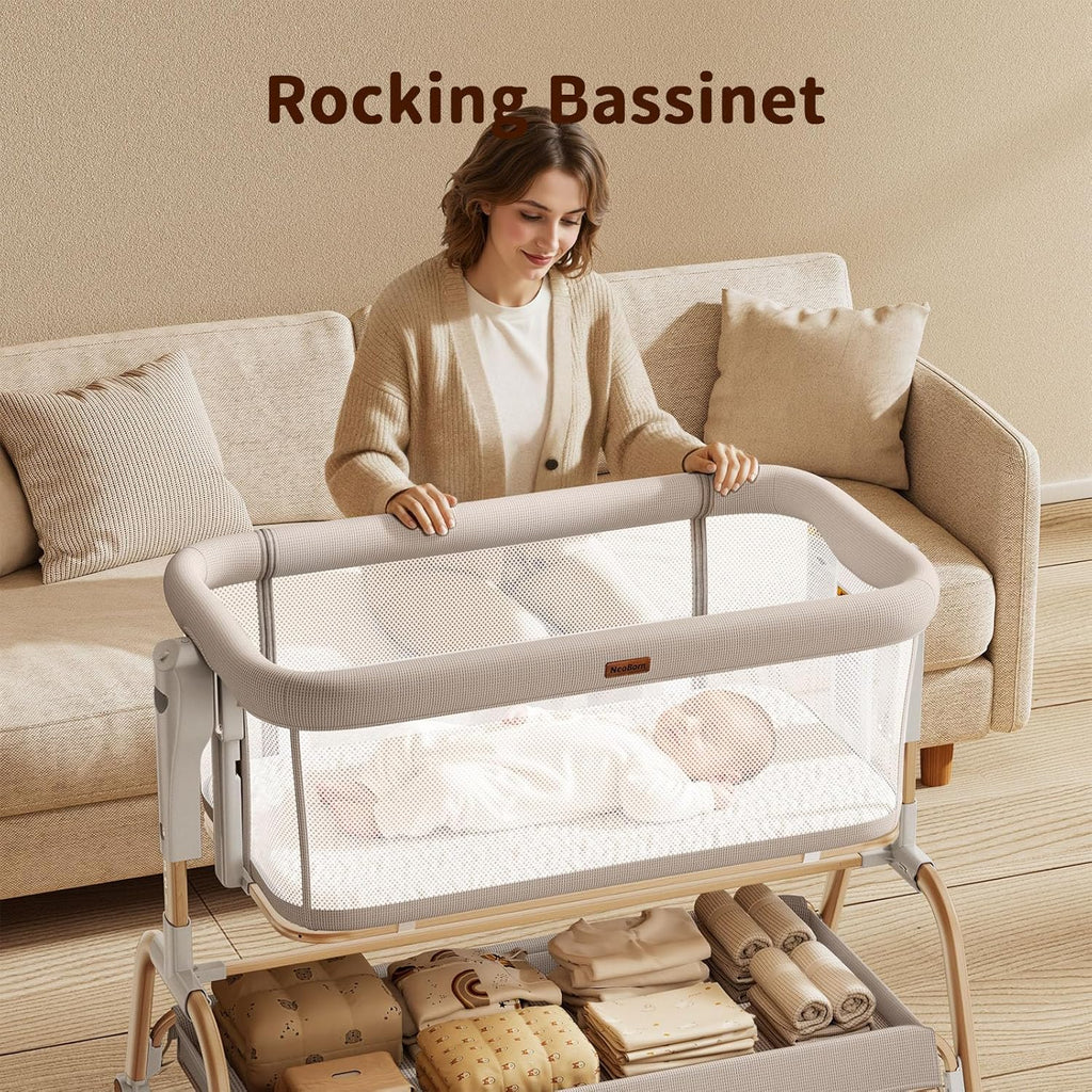 3 in 1 Baby Bassinet, Bedside Bassinet for Baby, Rocking Bassinet with Breathable Full-Mesh, Mattress and Soft Sheet