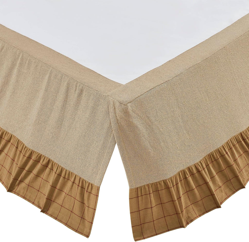 Connell Rustic Farmhouse Burlap Windowpane Plaid Ruffled Twin Bed Skirt Burgundy Tan 39x76x16