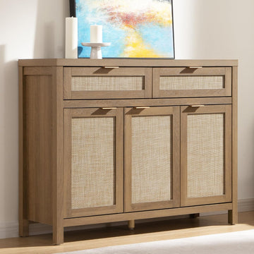 Rattan Sideboard Buffet Cabinet with Storage, Boho Credenza Accent | Storage Cabinet with 3 Doors and 2 Drawers