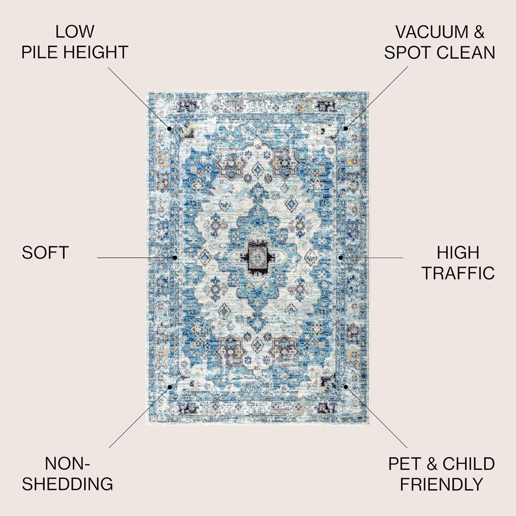 Modern Boho Vintage Medallion Cream/Blue Indoor Area Rug, Bohemian, Traditional, Easy-Cleaning, Pet Friendly
