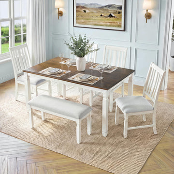 60"-80" Extendable Dining Table Set with Upholstered Chairs and Bench for 6, Farmhouse 6-Piece Dining Table Set with