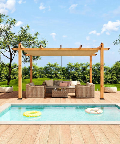 10 x 13 ft Wood-Grain Aluminum Pergola Outdoor Pergola with Retractable Canopy Sun Shade Shelter for Garden