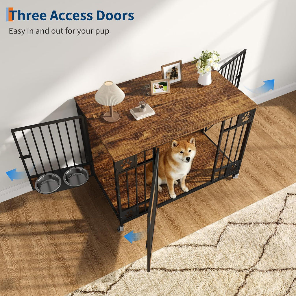Dog Crate Furniture, Indoor Dog Kennel with Triple Doors, Brown