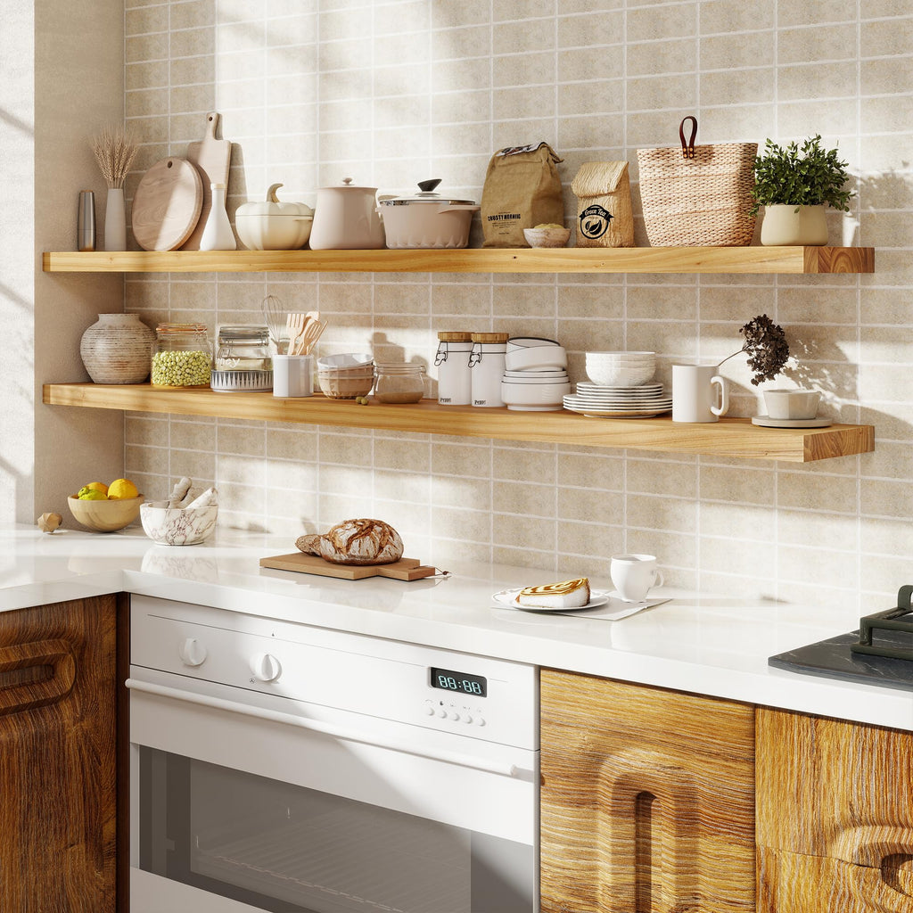 Floating Shelves for Wall, 72 Inch Rustic Solid Elm Wood Shelves