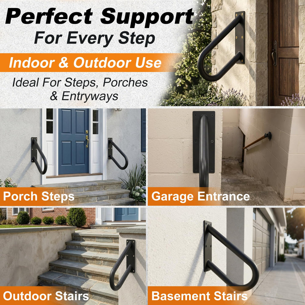 Handrails for Outdoor Step U Shaped Pipe Grab Hand Rails for 1-2 Steps Indoor or Outdoor Stair Wall-Mount Hand