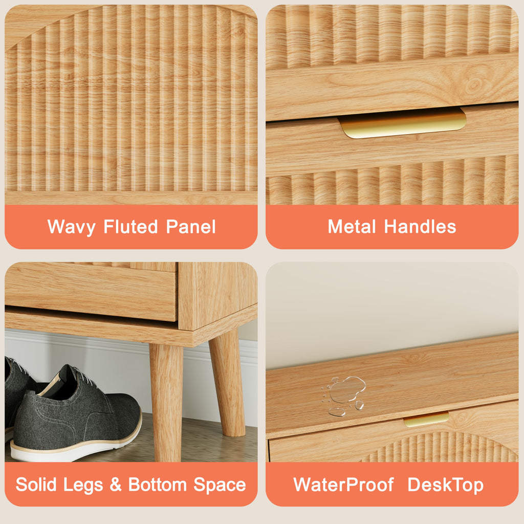 Fluted Shoe Cabinet with 4 Flip Drawers, Narrow Wood Shoe Storage Cabinet, Slim Shoe Rack, Freestanding Shoe Cabinet