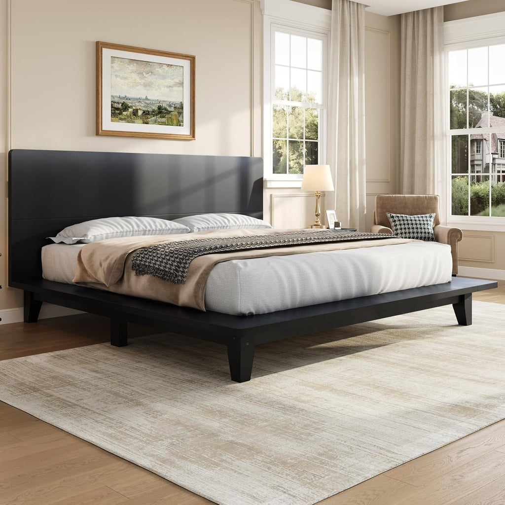 Japanese Wooden Bed Frame with Black Headboard
