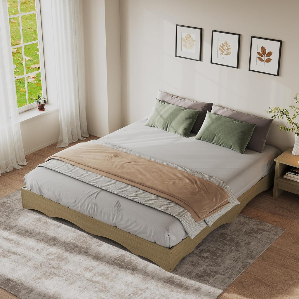 Japanese-Inspired Low Profile Wood Platform Bed Frame with Wavy Edge - Solid Slat Support, Noise-Free, No Box Spring