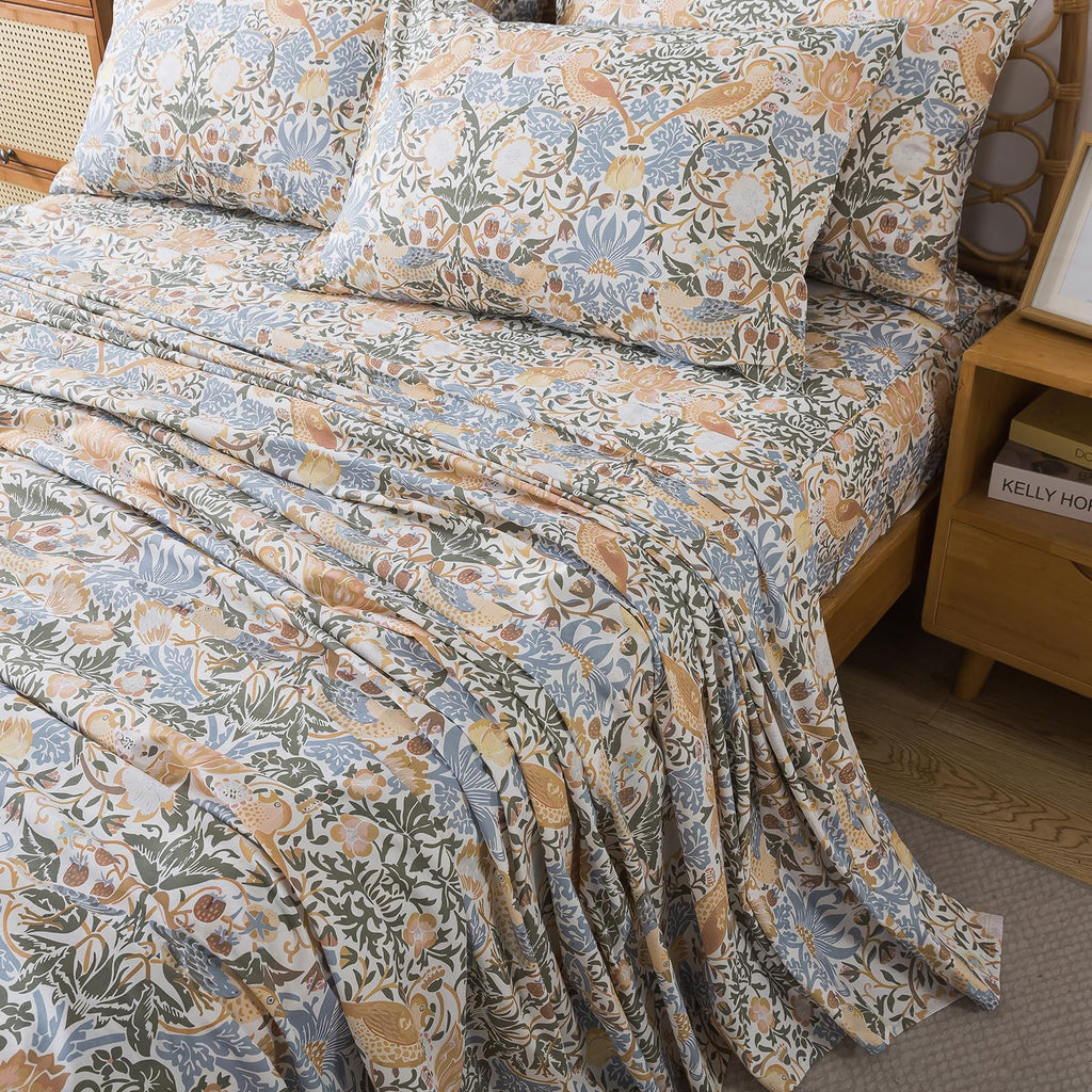 100% Cotton 4-Piece Floral Bed Sheet Set in Blue & Sage Green, Vintage Fall Botanical Bird Bedding