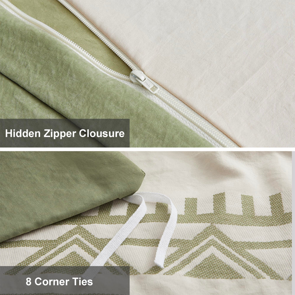 Boho Duvet Cover King Size, Beige & Sage Green, 3 Pieces