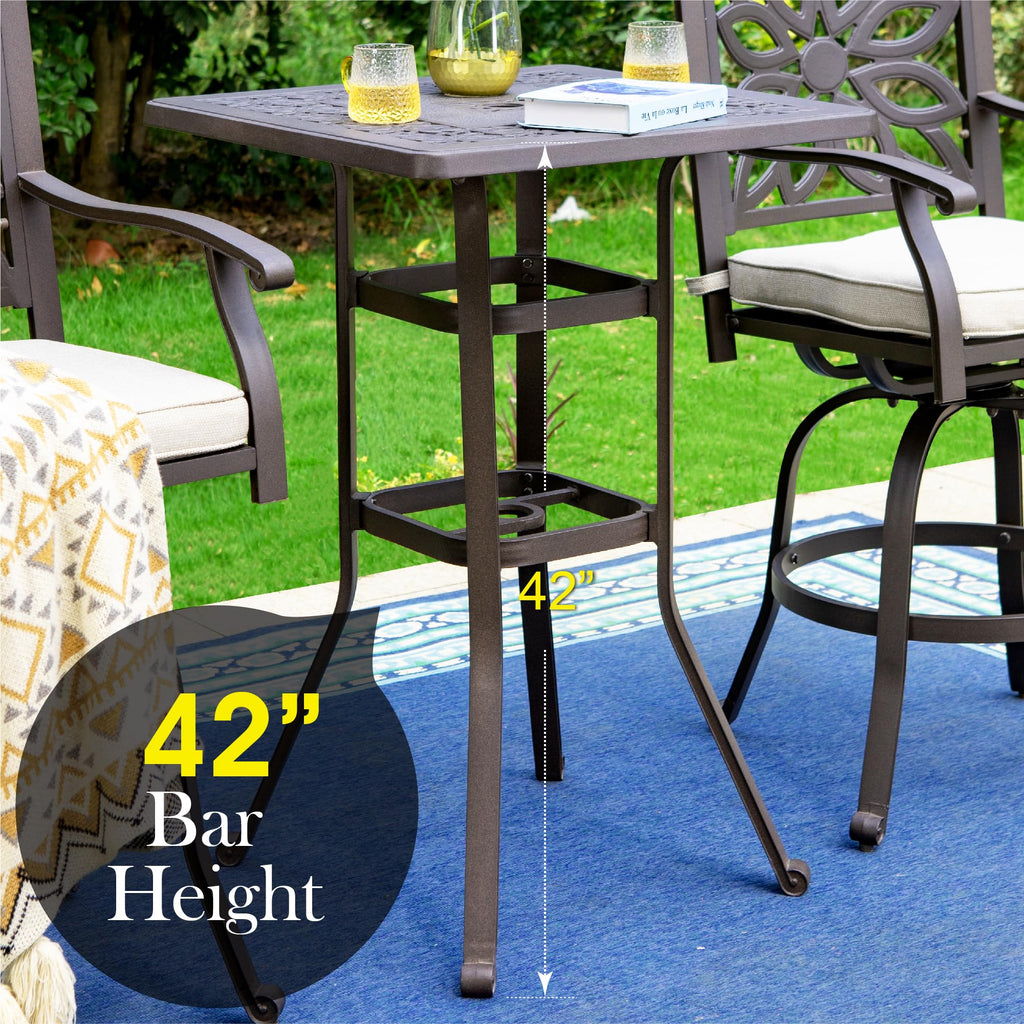 Outdoor Patio Bar Tables Cast Aluminum, 27.5" L x 27.5" W x 42" H