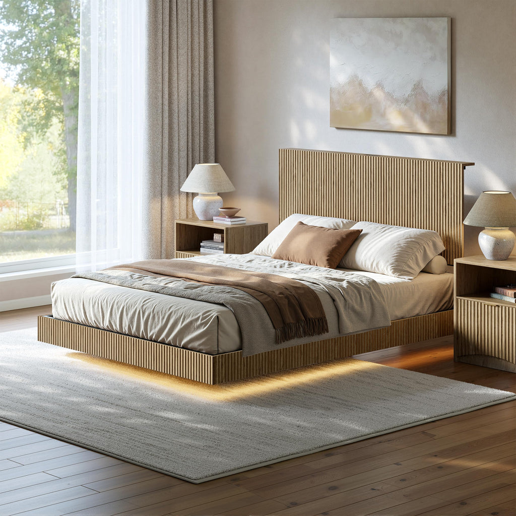 Oak Queen Floating Bed Frame with Headboard & Charging Station