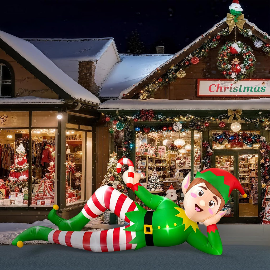 8 FT Christmas Inflatable Outdoor Decoration, Lying Elf Christmas Blow up Yard Decorations with LED Lights, Elf