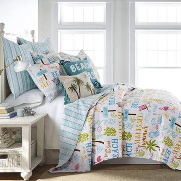 By - Beach Days Quilt Set - King Quilt (106x92in.) + Two King Pillow Shams (36x20in.) - Coastal Beach - Teal Blue