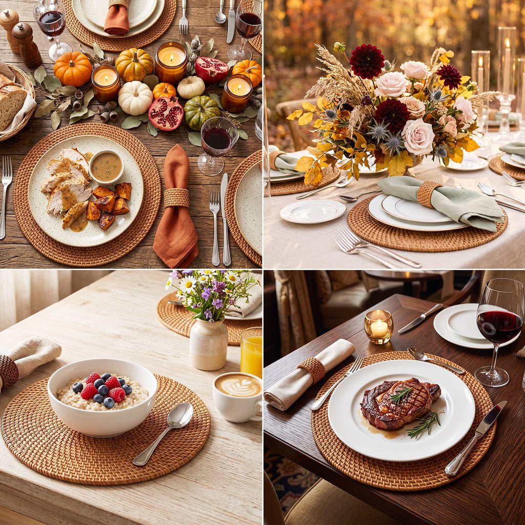 6 Pcs Rattan Charger Placemats with Napkin Rings Set, Brown