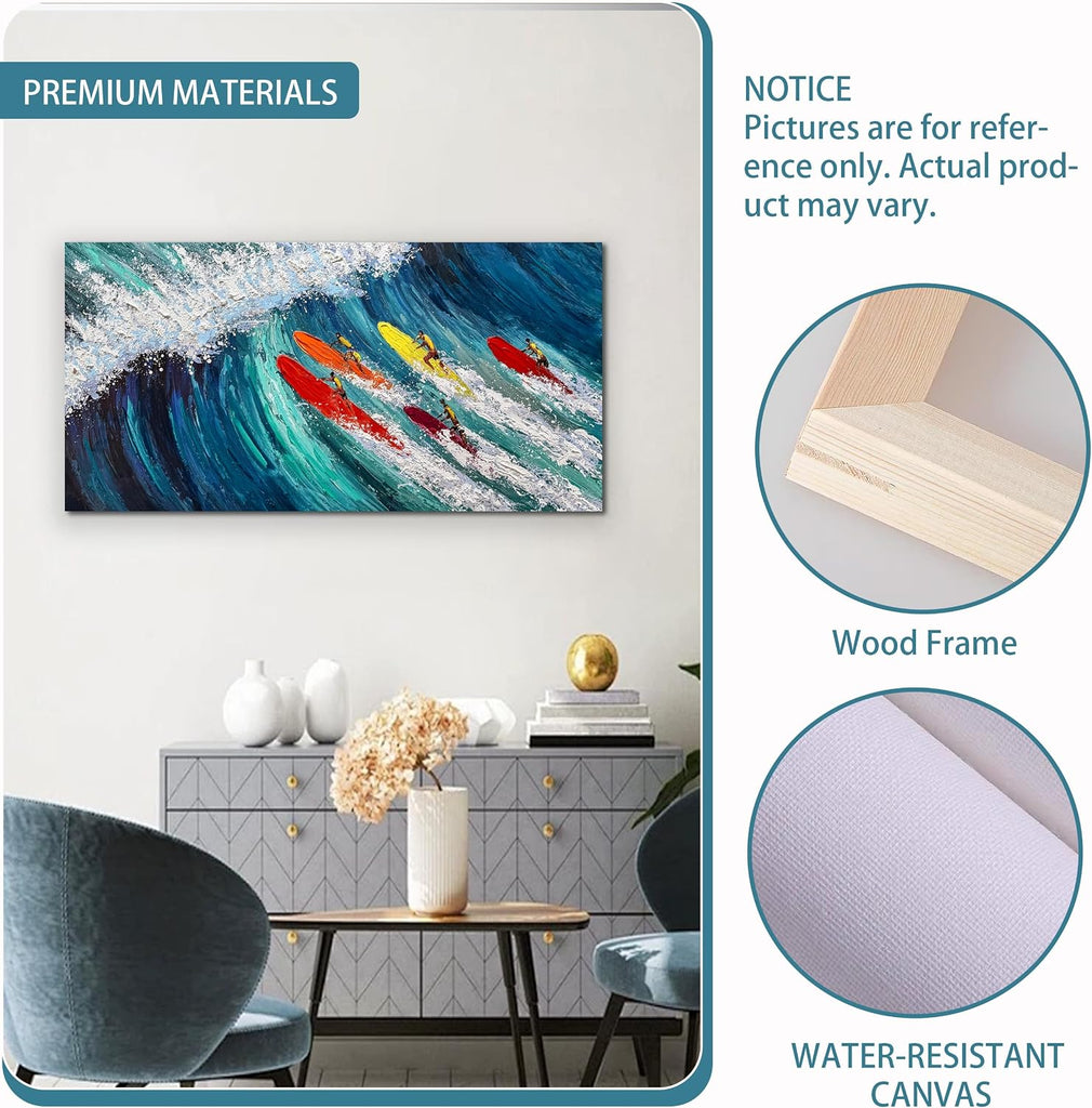 Coastal Canvas Wall Art Large Blue Beach Hand Painted Oil Painting Ocean Wave Wall Art Colorful Surfer Artwork