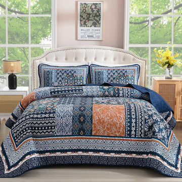 Navy Blue Quilt Set,Bohemian Patchwork Bedspread Coverlet Set, Reversible Farmhouse Floral Pattern Bedspreads