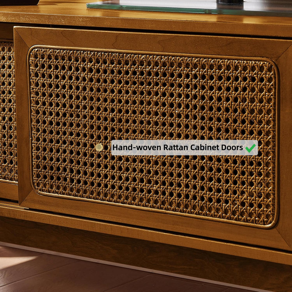 Mid Century Modern Rattan TV Stand for 65 Inch TV,59" Boho Media Console with Sliding Doors & Open Shelves,Solid Wood