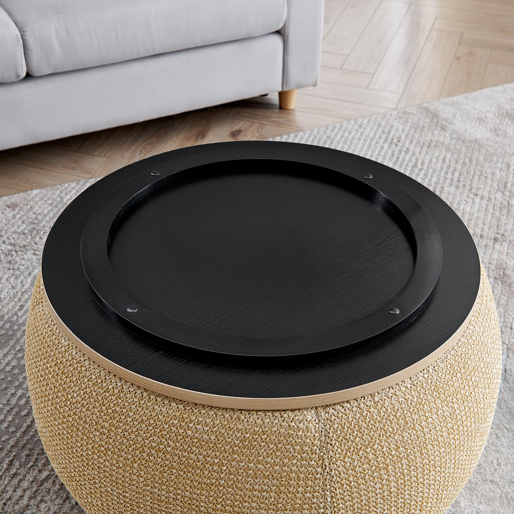 Round Storage Coffee Table Ottoman, Woven Rattan Fabric 2-in-1 Hidden Storage Center Table with Removable Seat