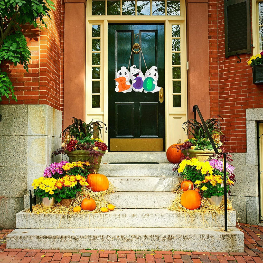 Halloween Door Decor Hanging Sign, BOO Ghost Halloween Door Hanger with Light for Front Door Decorations Outdoor - Set of 3
